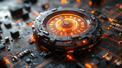 An intricate orange glowing clock face is embedded within a dark electronic circuit board, symbolizing advanced digital time and technology.