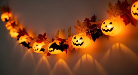 Spooky Halloween pumpkin and bat string lights glow warmly, ready for festive autumn decorations