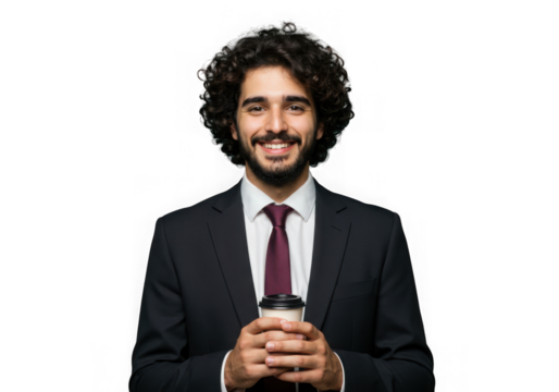 Smiling businessman holding a coffee cup isolated on transparent background