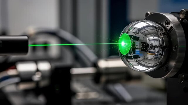 Optical interferometer laser beam reflecting off highprecision spherical mirror during advanced surface quality assessment.