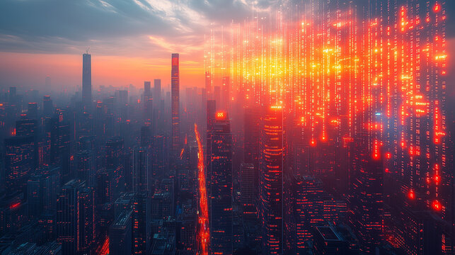 A breathtaking futuristic urban landscape is illuminated by stunning digital data streams cascading over towering city buildings at sunset.