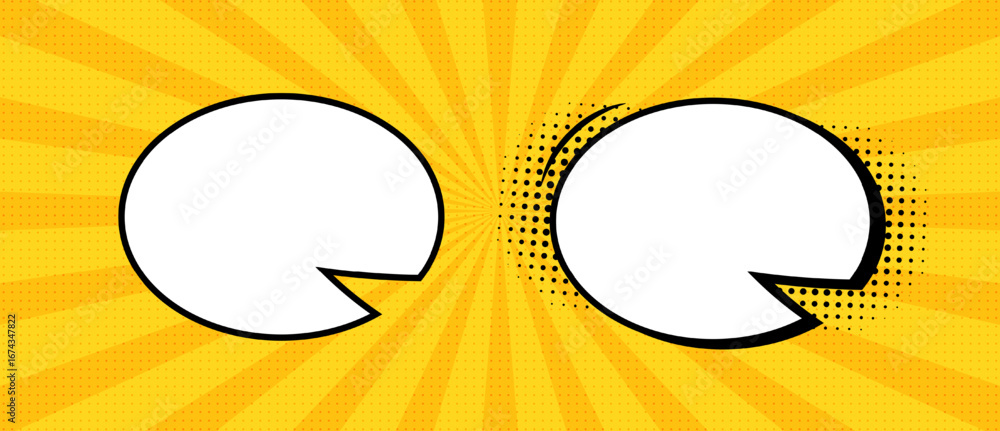 Poster empty comic speech bubbles with a semitone on a yellow background with rays. a speech balloon, cloud