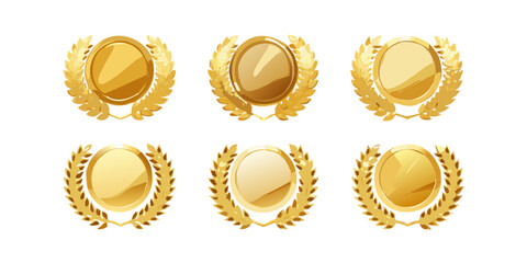 Golden laurel wreath collection of medals, awards, badges, and achievement symbols for graphic design use