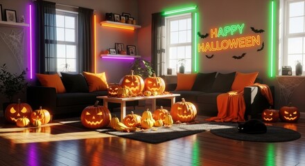 Spooky Halloween vibes in a modern living room with glowing pumpkins and neon lights for a festive celebration