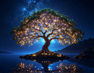Magical illuminated tree at night