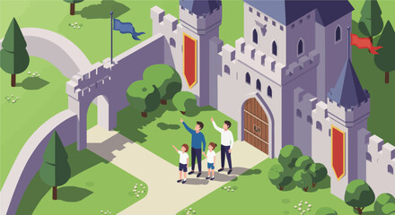 Fototapeta premium A vibrant flat design illustration showing a family enjoying a day out, exploring the historical grounds of a European medieval castle, celebrating cultural heritage. 