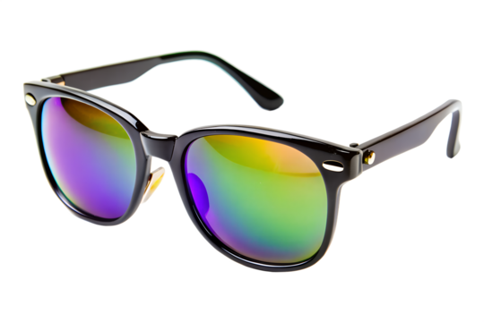 Fashionable sunglasses with colorful reflective lenses and a black frame, isolated on transparent background, offering stylish sun protection
