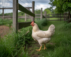 White hen standing in green grass near wooden fence