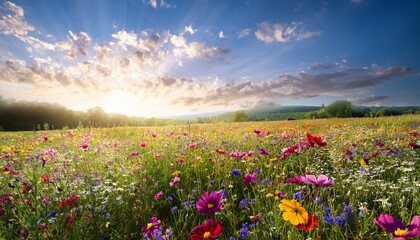 Fototapeta premium serene meadow landscape with colorful wildflowers under soft sky