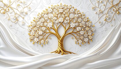 Ornate white wall mural with golden tree of life