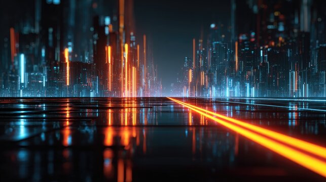 Futuristic city vista with glowing path - Powered by Adobe