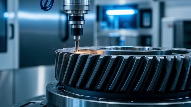 Closeup on precision machining of crawler gear teeth parts in a hightech production environment.