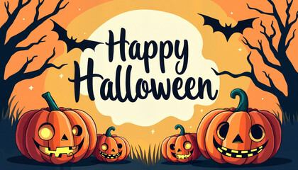 Halloween pumpkins with bats and spooky trees in an orange background  

