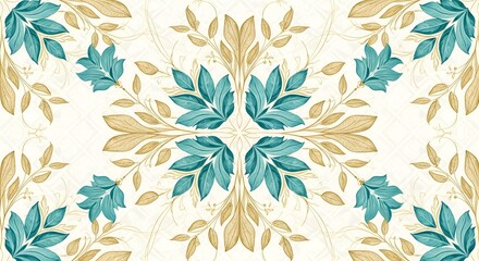 Symmetrical floral pattern with teal blue leaves and golden brown branches on a white background, evoking a vintage or bohemian aesthetic