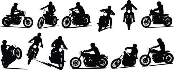 Motorcycle rider silhouette illustration, biker performing stunts, vintage motorbike art, extreme sports activity, black and white vector, motorcycling design element