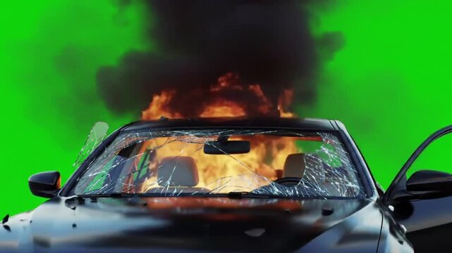 Dramatic car explosion filmed against a vibrant green screen backdrop for visual effects and cinematic production, showcasing intense vehicle destruction and fiery scene