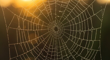 Obraz premium An intricate spiderweb glistening with tiny dewdrops, beautifully backlit by the warm, golden light of a sunrise