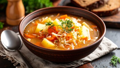 Russian Shchi Traditional Cabbage Soup. Healthy Vegetarian Food