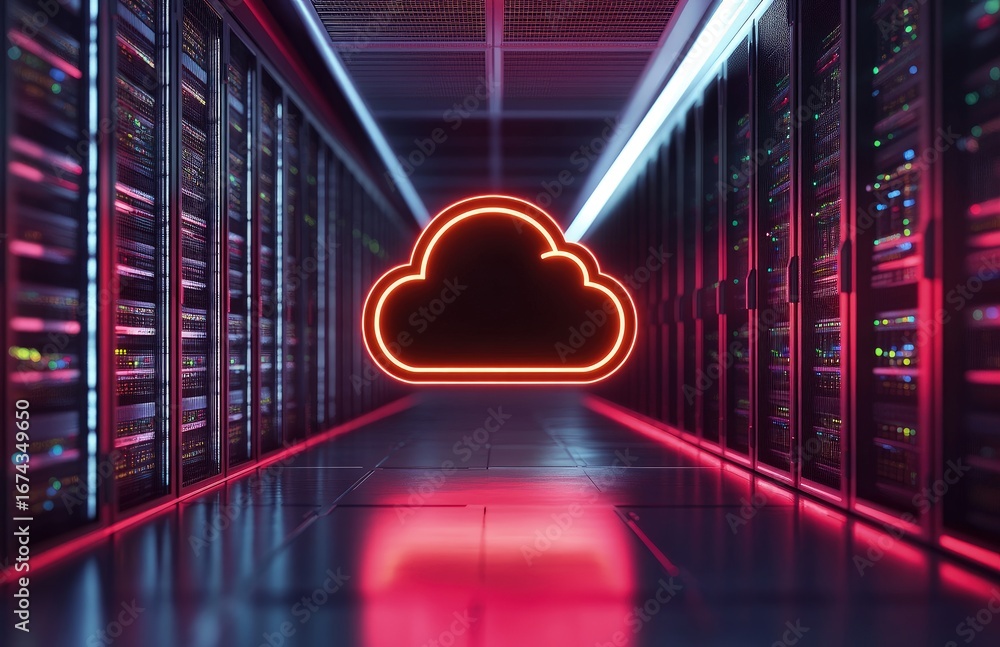 Poster futuristic cloud computing concept with glowing red neon cloud symbol in a modern data center corrid
