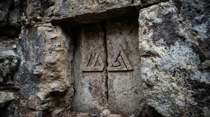 Intricate stone carvings within a rocky crevice. Two triangular symbols are carved into a section of rough-hewn stone, framed by uneven, weathered rock