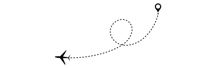 Airplane with dotted line route. flying plane with twisted, curved and straight dashed trace path Vector eps 10