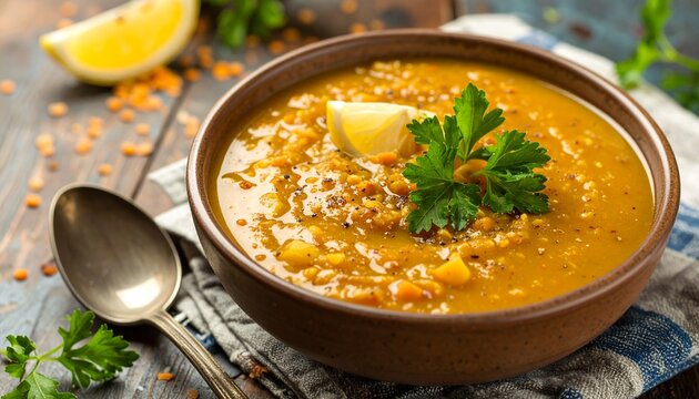 Lebanese Lentil Soup with Lemon and Cumin. Healthy Vegetarian Food