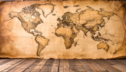 Naklejka premium Vintage world map on aged parchment over wooden floor