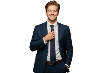 Young man in suit adjusting tie isolated on transparent background