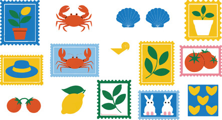 Assorted postage stamps with summer themes crab seashell