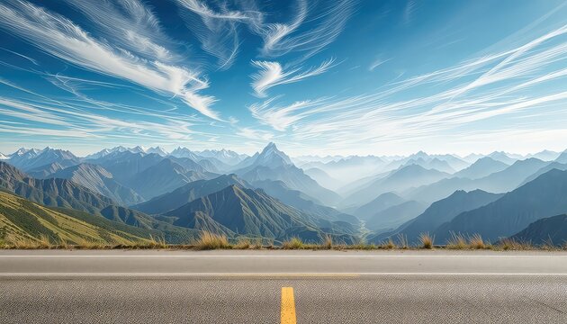 Mountain Vista Highway with Distant Summits and Textured Clouds Under a Bright Azure Sky Providing a Sense of Adventure - Powered by Adobe