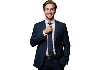 Smiling businessman adjusting his tie isolated on transparent background