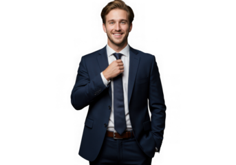 Smiling businessman adjusting his tie isolated on transparent background