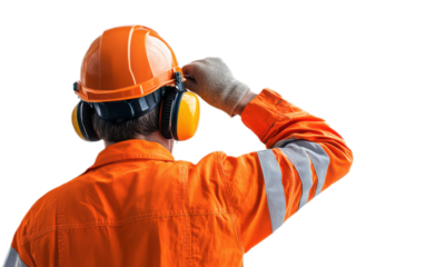 Construction worker in orange on transparent background, png