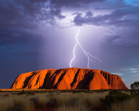 Lightning Strike Over Uluru Rock At Sunset Ayers Rock