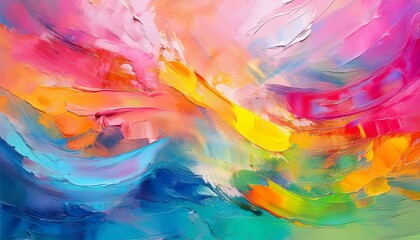 a striking blend of colors fills the canvas featuring shades of pink yellow green and blue in a vivid abstract design the varied brush strokes create a lively atmosphere