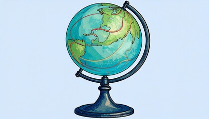 Vintage-style globe on stand.  Colorful landmasses