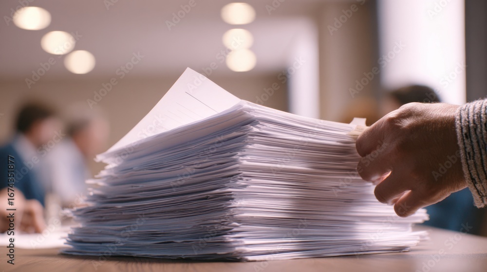 Aufkleber medium shot focused on a stack of protocol deviation review documents hands flipping pages meeting r