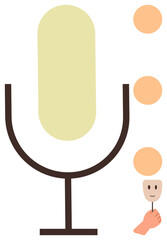 Large standing microphone with human-thumbs up face emerging from dots and hand, symbolizing communication, dialogue, creativity, technology. Ideal for podcasts, media, audio recording, interviews