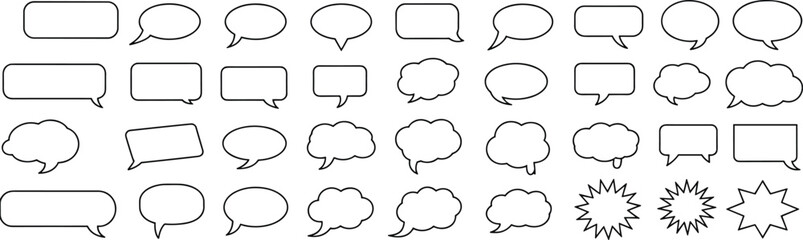 Outline speech bubbles, comic dialogue balloons, transparent conversation clouds, chat bubble icons, communication symbols vector, line art, talk shapes design © Obaidul Vector Zoon