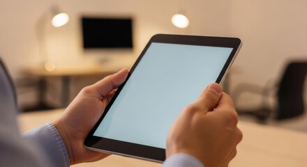 Hands Holding a Blank Tablet Device in an Office Setting