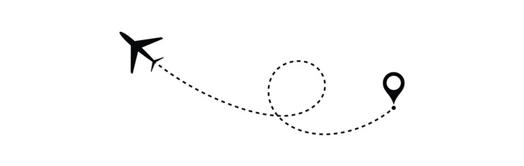 Airplane with dotted line route. flying plane with twisted, curved and straight dashed trace path Vector eps 10