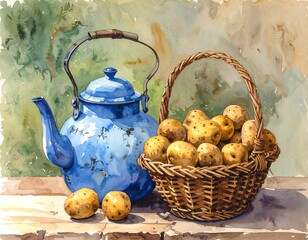 Still life of a blue kettle and potatoes in a basket (1)