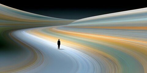 Solitary figure on a winding abstract path