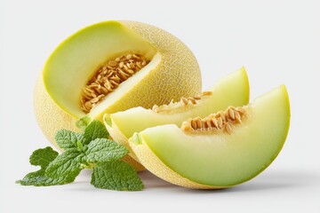 Cantaloupe slices with mint leaves.  A cantaloupe melon, halved and sliced, sits with mint leaves.  Pale yellow-green flesh, visible seeds, and a slightly muted light