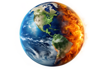Global warming concept showing half of the earth in flames and the other half in normal condition isolated on transparent background