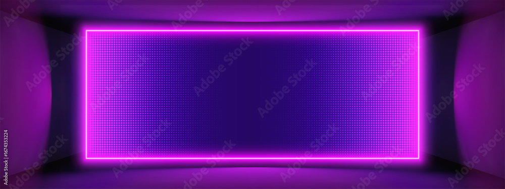 Poster purple led wall panel with lcd and rgb dot in 3d. digital smd pattern for screen and light backgroun
