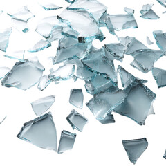 Broken glass shards scattered in all directions on white background.