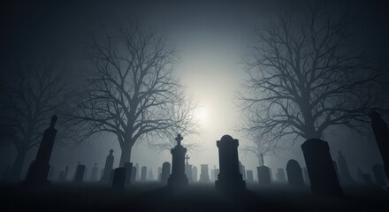 Eerie Graveyard Scene with Tombstones and Bare Trees in Dense Fog, Halloween Concept