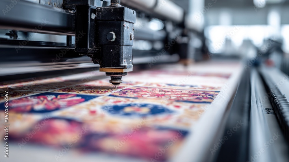 Aufkleber medium framing of digital fabric printing machine in action focusing on pattern clarity on cloth sur
