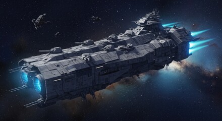 Large grey spaceship with blue engine trails in outer space